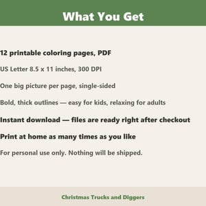 May include: A digital document titled What You Get, listing 12 printable coloring pages in PDF format. Specifications include US Letter 8.5 x 11 inches at 300 DPI, single-sided images with bold outlines, and instructions for home printing.
