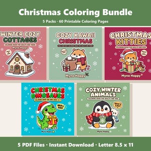 Christmas Coloring Bundle | 60 Printable Pages: Cottages, Kawaii, Cats, Dinosaurs, Animals (PDF Instant Download) image 2
