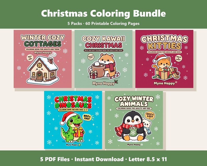 Christmas Coloring Bundle | 60 Printable Pages: Cottages, Kawaii, Cats, Dinosaurs, Animals (PDF Instant Download) image 2