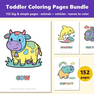 Toddler Coloring Pages Bundle, 152 Big Simple Animals and Vehicles with Names, Preschool Printable image 1