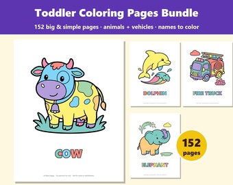 Toddler Coloring Pages Bundle, 152 Big Simple Animals and Vehicles with Names, Preschool Printable