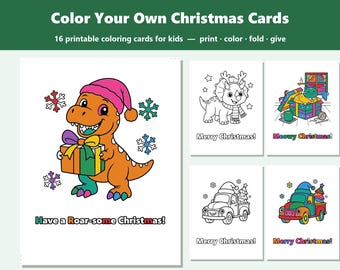 Color Your Own Christmas Cards for Kids, 16 Printable Folded Designs, Classroom Craft PDF
