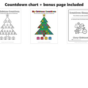 May include: Three printable pages titled Countdown chart + bonus page included. Two pages feature a Christmas tree with numbered ornaments and gift boxes labeled My Christmas Countdown. One page is a certificate titled Countdown Champion.