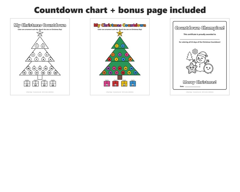 May include: Three printable pages titled Countdown chart + bonus page included. Two pages feature a Christmas tree with numbered ornaments and gift boxes labeled My Christmas Countdown. One page is a certificate titled Countdown Champion.