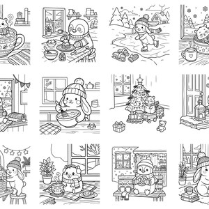May include: A collection of twelve black and white line art illustrations featuring cute animals like hamsters, penguins, and rabbits in various winter and holiday settings, including baking, ice skating, decorating a tree, and drinking hot cocoa.