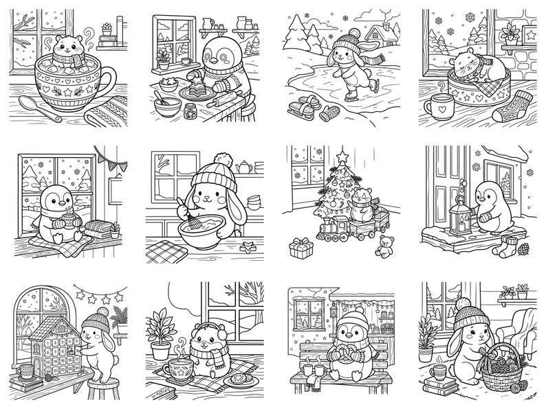 May include: A collection of twelve black and white line art illustrations featuring cute animals like hamsters, penguins, and rabbits in various winter and holiday settings, including baking, ice skating, decorating a tree, and drinking hot cocoa.
