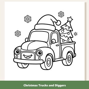 May include: A black and white line art coloring page illustration featuring a smiling pickup truck wearing a Santa hat. The truck bed carries a decorated Christmas tree with a star on top, surrounded by several snowflake shapes in the background.