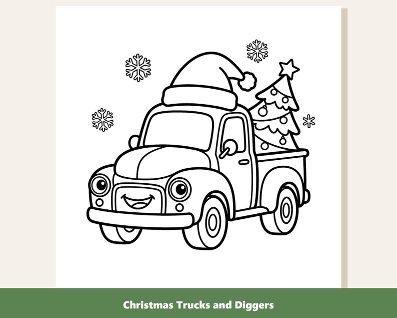 May include: A black and white line art coloring page illustration featuring a smiling pickup truck wearing a Santa hat. The truck bed carries a decorated Christmas tree with a star on top, surrounded by several snowflake shapes in the background.