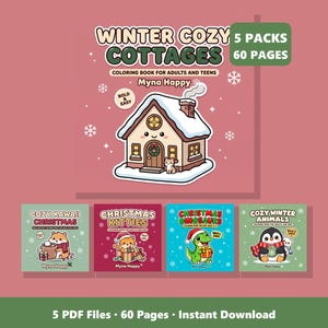 Christmas Coloring Bundle | 60 Printable Pages: Cottages, Kawaii, Cats, Dinosaurs, Animals (PDF Instant Download) image 1