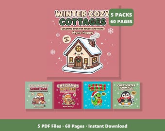 Christmas Coloring Bundle | 60 Printable Pages: Cottages, Kawaii, Cats, Dinosaurs, Animals (PDF Instant Download)