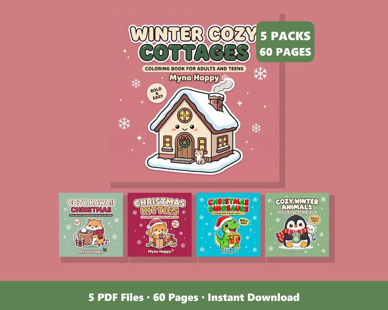 Christmas Coloring Bundle | 60 Printable Pages: Cottages, Kawaii, Cats, Dinosaurs, Animals (PDF Instant Download) image 1