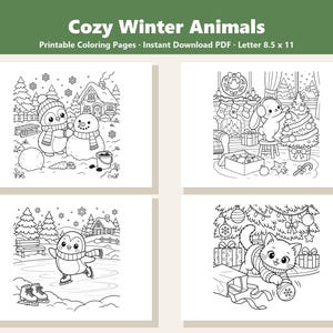 May include: Four black and white printable coloring pages titled Cozy Winter Animals. The pages feature line art of a penguin building a snowman, a rabbit decorating a Christmas tree, a penguin ice skating, and a kitten playing with ornaments.