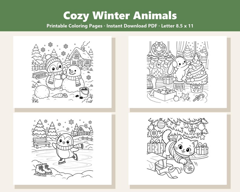 May include: Four black and white printable coloring pages titled Cozy Winter Animals. The pages feature line art of a penguin building a snowman, a rabbit decorating a Christmas tree, a penguin ice skating, and a kitten playing with ornaments.