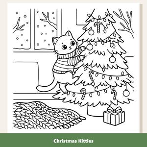 May include: A black and white coloring page titled Christmas Kitties featuring a cat wearing a striped sweater climbing a decorated Christmas tree with ornaments and candy canes, next to a window and a gift box on a textured rug.