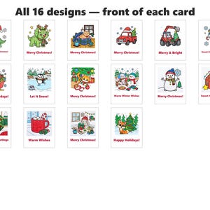 May include: A collection of 16 rectangular greeting cards featuring colorful cartoon illustrations of animals, holiday vehicles, and festive scenes. Each card includes red text with seasonal greetings such as Merry Christmas and Happy Holidays.