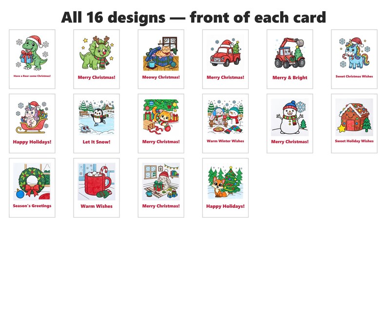 May include: A collection of 16 rectangular greeting cards featuring colorful cartoon illustrations of animals, holiday vehicles, and festive scenes. Each card includes red text with seasonal greetings such as Merry Christmas and Happy Holidays.