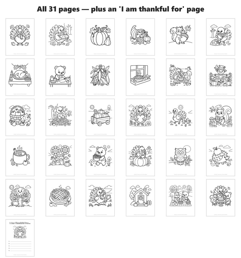 Thanksgiving Coloring Pages for Kids, 31 Printable Turkey, Pumpkin and Fall Sheets, Instant Download image 2