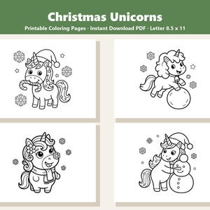 May include: Four black and white printable coloring pages titled Christmas Unicorns, featuring unicorns with snowflakes, a candy cane, a bell, and a snowman. The pages are formatted for 8.5 x 11 inch paper and are available as an instant download PDF.
