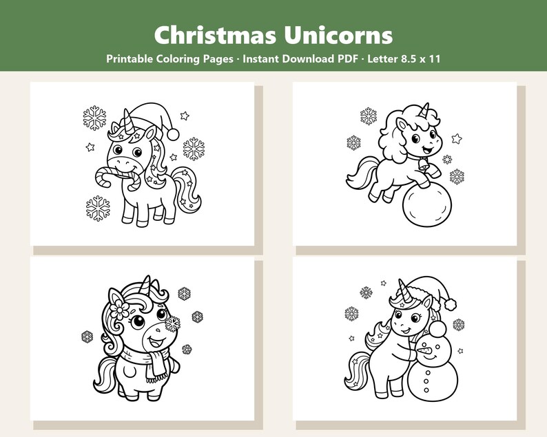 May include: Four black and white printable coloring pages titled Christmas Unicorns, featuring unicorns with snowflakes, a candy cane, a bell, and a snowman. The pages are formatted for 8.5 x 11 inch paper and are available as an instant download PDF.