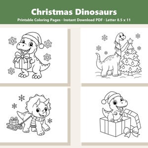 May include: Four black and white printable coloring pages titled Christmas Dinosaurs. The pages feature cartoon dinosaurs with holiday themes including a dinosaur with a gift, a dinosaur decorating a tree, a triceratops with a sled, and a dinosaur in a box.