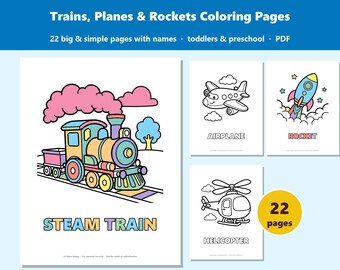 Train, Plane and Rocket Coloring Pages for Toddlers, 22 Vehicles with Names, Preschool Printable
