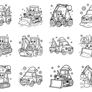 May include: A collection of twelve black and white line art illustrations featuring cartoon construction vehicles and pickup trucks. The designs include vehicles wearing Santa hats, carrying Christmas trees, and interacting with snow and snowmen.