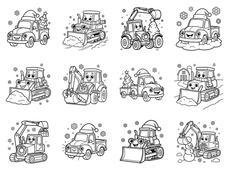 May include: A collection of twelve black and white line art illustrations featuring cartoon construction vehicles and pickup trucks. The designs include vehicles wearing Santa hats, carrying Christmas trees, and interacting with snow and snowmen.