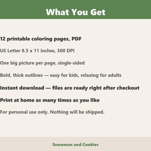May include: A digital product listing titled What You Get, featuring 12 printable coloring pages in PDF format. Specifications include US Letter 8.5 x 11 inches at 300 DPI, single-sided images with bold outlines, and instructions for personal use.