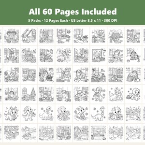 May include: A collection of 60 printable coloring pages featuring winter and holiday themes. The set includes 5 packs with 12 pages each, formatted as 8.5 x 11 inch US Letter size at 300 DPI. The black and white line art depicts animals, cozy scenes, and festive decorations.
