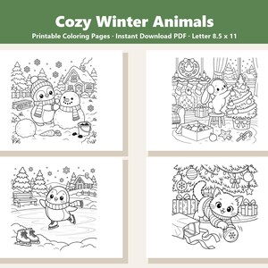 May include: Four black and white printable coloring pages titled Cozy Winter Animals. The pages feature line art of a penguin building a snowman, a rabbit decorating a Christmas tree, a penguin ice skating, and a kitten playing with ornaments.