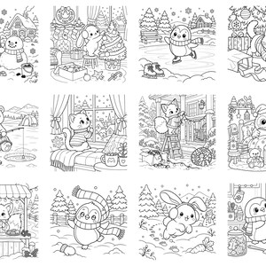 May include: A collection of twelve black and white line art illustrations featuring winter and holiday themes. The drawings depict various animals including penguins, cats, bears, and rabbits engaged in seasonal activities like decorating, ice skating, and fishing.