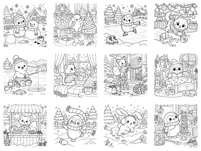 May include: A collection of twelve black and white line art illustrations featuring winter and holiday themes. The drawings depict various animals including penguins, cats, bears, and rabbits engaged in seasonal activities like decorating, ice skating, and fishing.