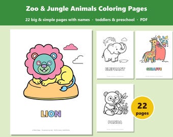 Zoo Animal Coloring Pages for Toddlers, 22 Simple Safari Pictures with Names, Preschool Printable