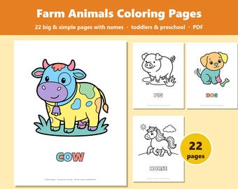 Farm Animal Coloring Pages for Toddlers, 22 Big Simple Sheets with Names, Preschool Printable