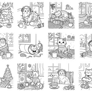 May include: A collection of twelve black and white line art illustrations featuring cats in various winter and holiday settings. The scenes include cats decorating Christmas trees, wearing headphones, sitting in gift boxes, and relaxing by fireplaces.