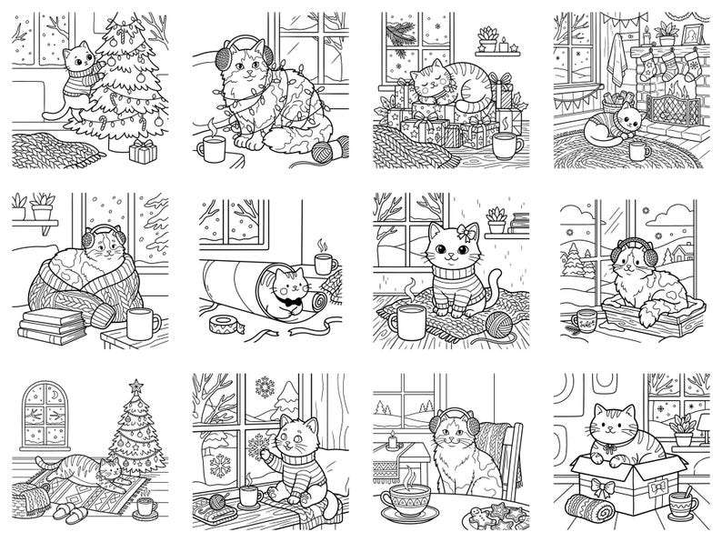 May include: A collection of twelve black and white line art illustrations featuring cats in various winter and holiday settings. The scenes include cats decorating Christmas trees, wearing headphones, sitting in gift boxes, and relaxing by fireplaces.