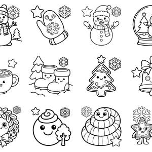 May include: A collection of twelve black and white line art illustrations featuring winter and holiday themes, including snowmen, a mitten, a snow globe, a mug of cocoa, boots, a Christmas tree, a bell, a wreath, and various festive characters.