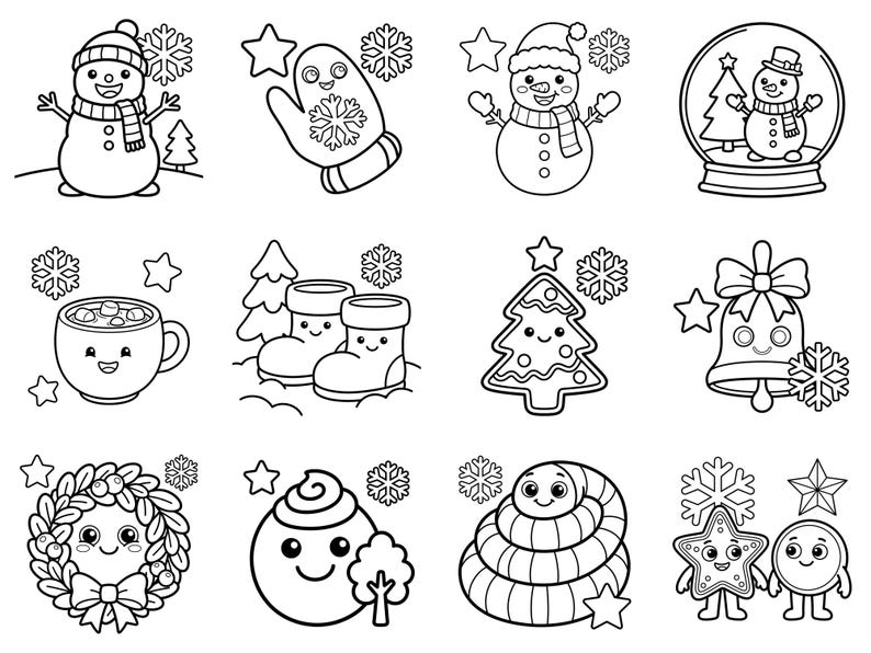 May include: A collection of twelve black and white line art illustrations featuring winter and holiday themes, including snowmen, a mitten, a snow globe, a mug of cocoa, boots, a Christmas tree, a bell, a wreath, and various festive characters.