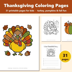 Thanksgiving Coloring Pages for Kids, 31 Printable Turkey, Pumpkin and Fall Sheets, Instant Download image 1