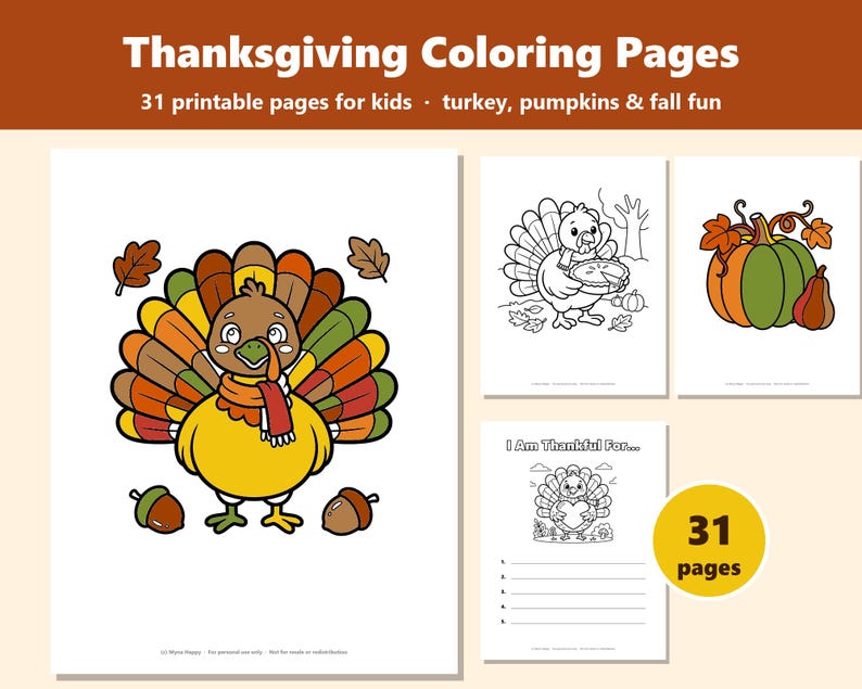 Thanksgiving Coloring Pages for Kids, 31 Printable Turkey, Pumpkin and Fall Sheets, Instant Download image 1