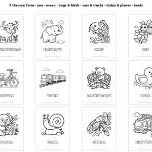 Toddler Coloring Pages Bundle, 152 Big Simple Animals and Vehicles with Names, Preschool Printable image 2