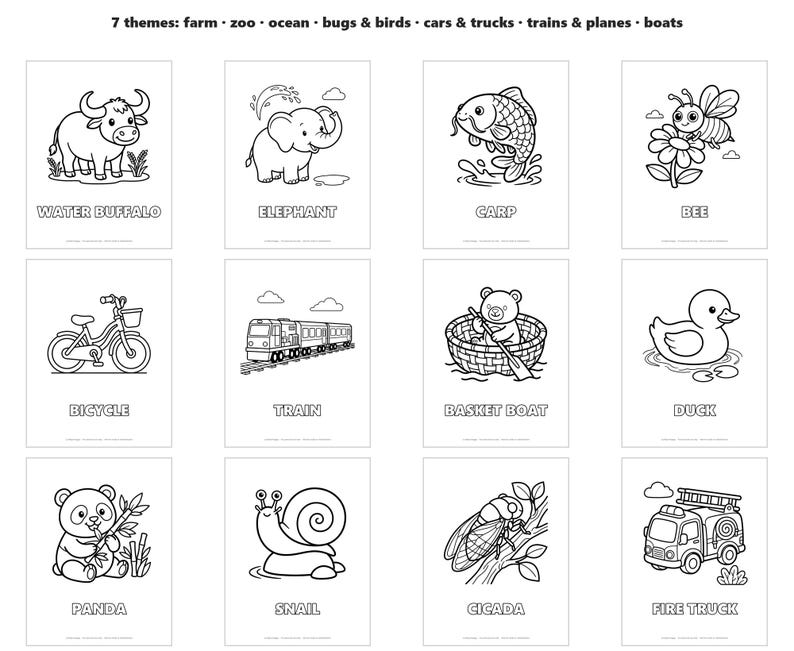 Toddler Coloring Pages Bundle, 152 Big Simple Animals and Vehicles with Names, Preschool Printable image 2