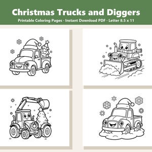 May include: A set of four black and white printable coloring pages titled Christmas Trucks and Diggers, featuring cartoon vehicles including trucks with Santa hats and Christmas trees, a bulldozer, and an excavator, sized 8.5 x 11 inches.
