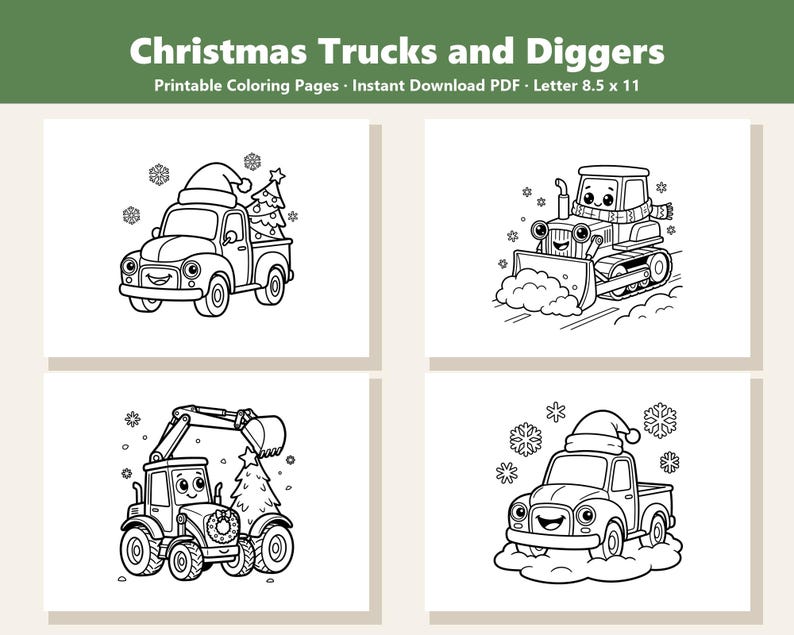 May include: A set of four black and white printable coloring pages titled Christmas Trucks and Diggers, featuring cartoon vehicles including trucks with Santa hats and Christmas trees, a bulldozer, and an excavator, sized 8.5 x 11 inches.