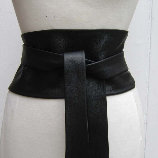 Black leather obi cinch corset style wrap belt