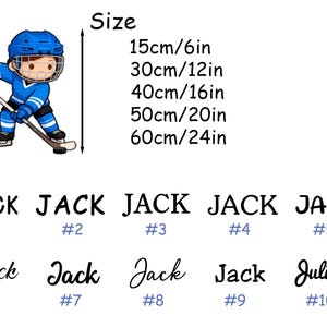 May include: A cartoon illustration of a hockey player in blue uniform, helmet, and gloves, holding a hockey stick. Sizes range from 6 inches to 24 inches. Names "Jack" are listed with numbers 1-9, and "Julian" is listed with number 10.