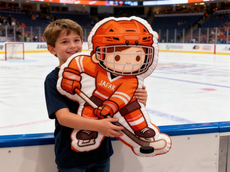May include: A plush hockey player pillow in orange and white, with the name "JAFAR" on the jersey. The pillow features a hockey helmet, gloves, and a hockey stick with a puck. The background shows an ice hockey rink.