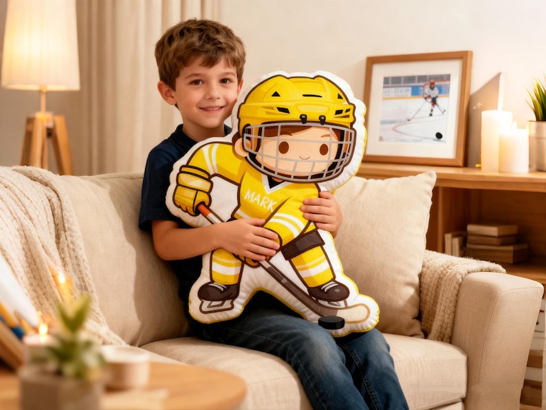 May include: A yellow and white hockey player pillow with the name "MARK" on the front. The pillow is held by a person sitting on a beige couch. A framed picture of a hockey player is in the background.