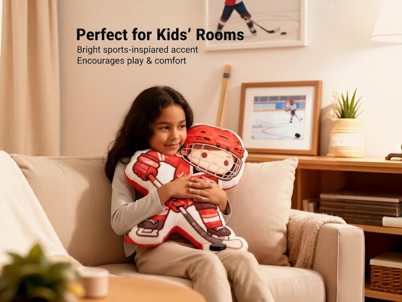 May include: A child is holding a hockey-themed pillow. The pillow is shaped like a hockey player in a red uniform and helmet, holding a hockey stick. The text "Perfect for Kids' Rooms" is visible in the image.