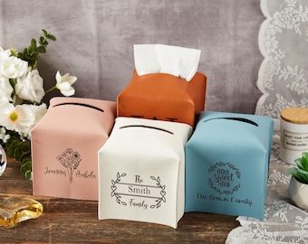 Caja de pañuelos cuadrada con grabado personalizado, funda para pañuelos de sala de estar, caja de pañuelos multifuncional, caja de almacenamiento de escritorio con nombre, regalo de Navidad